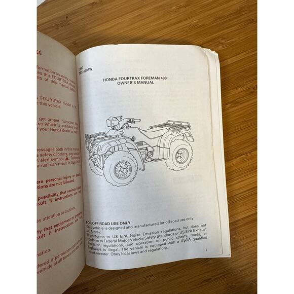 Honda Owner's Manuel 97 TRX400FW FOURTRAX FOREMAN 400 - Picture 3 of 4
